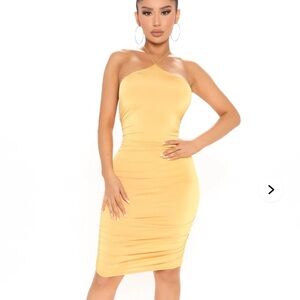 Fashion Nova Yellow Ruched Halter Midi Dress